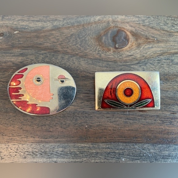 Pair Brooch De Passille Sylvestre Enamel Vintage MCM Made in Canada Face Flower - Picture 7 of 14